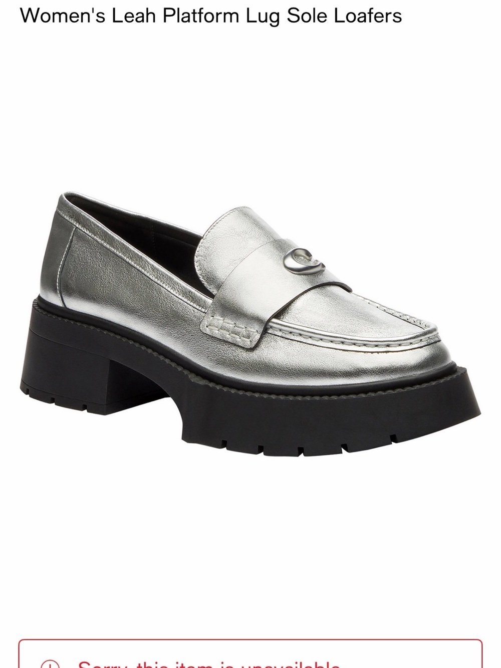New Coach Leah Platform Lug Sole Silver Leather Loafers